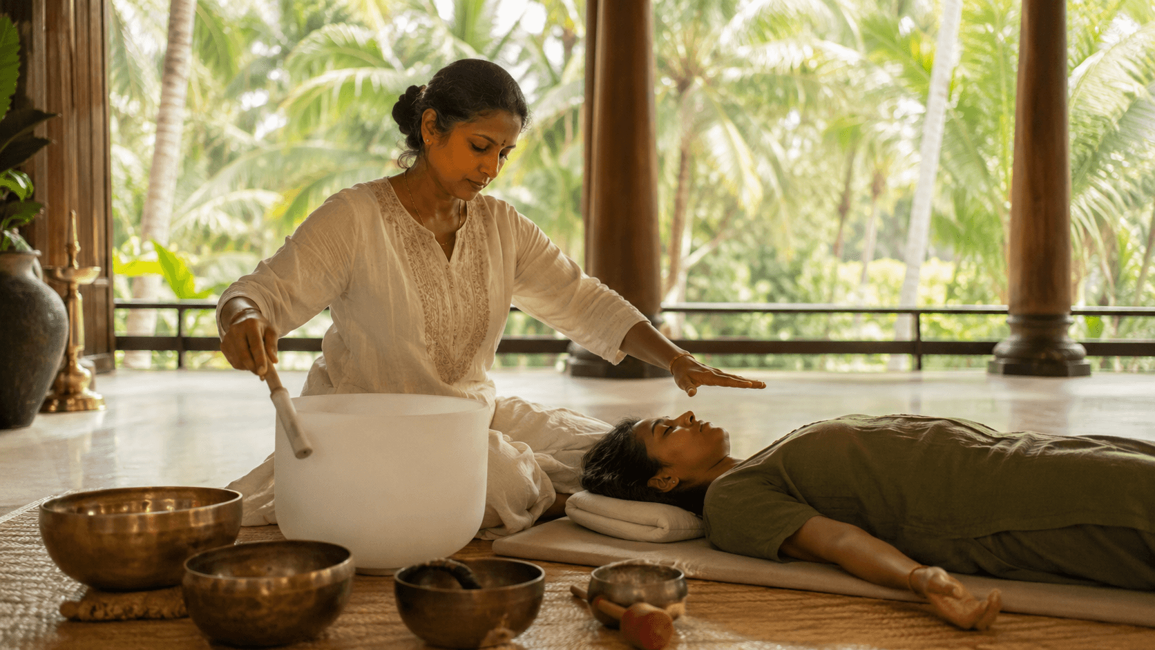 Sound healing with Reiki using crystal and brass singing bowls in a calm retreat setting