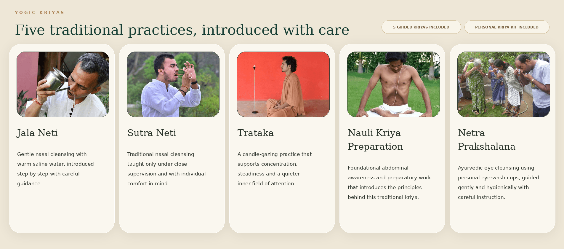 Yogic Kriyas section showing five traditional practices including Jala Neti, Sutra Neti, Trataka, Nauli Kriya Preparation, and Netra Prakshalana