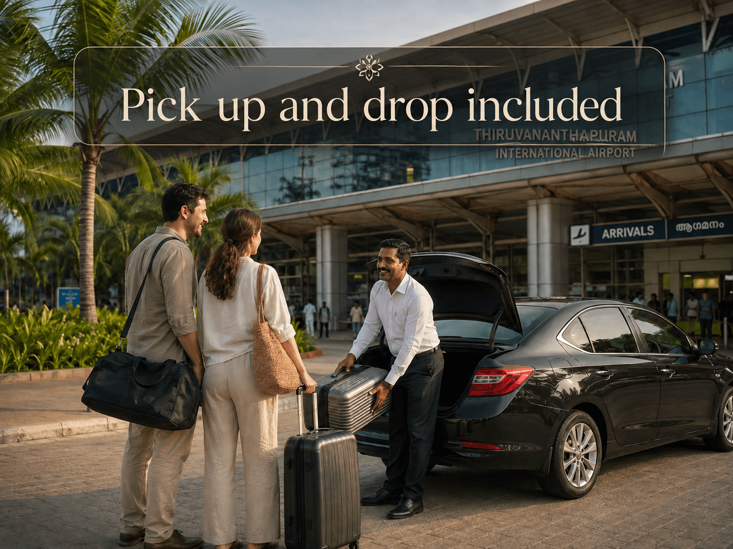 Airport pickup scene outside Thiruvananthapuram International Airport in Kerala